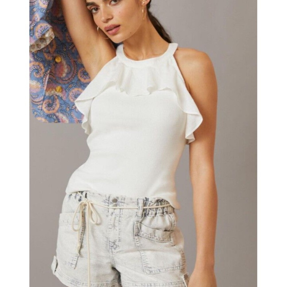 Maeve Women's Blouse Ruffle Trim Sleeveless Solid White Round Neck Size XLarge